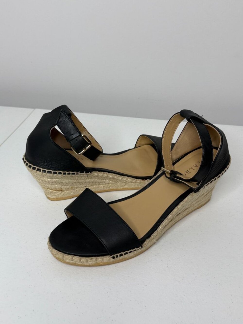 Talbots Black Leather Espadrille Wedge Sandals Womens 8M